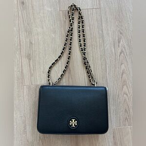 Tory Burch Black Leather Crossbody with Gold Chain Strap